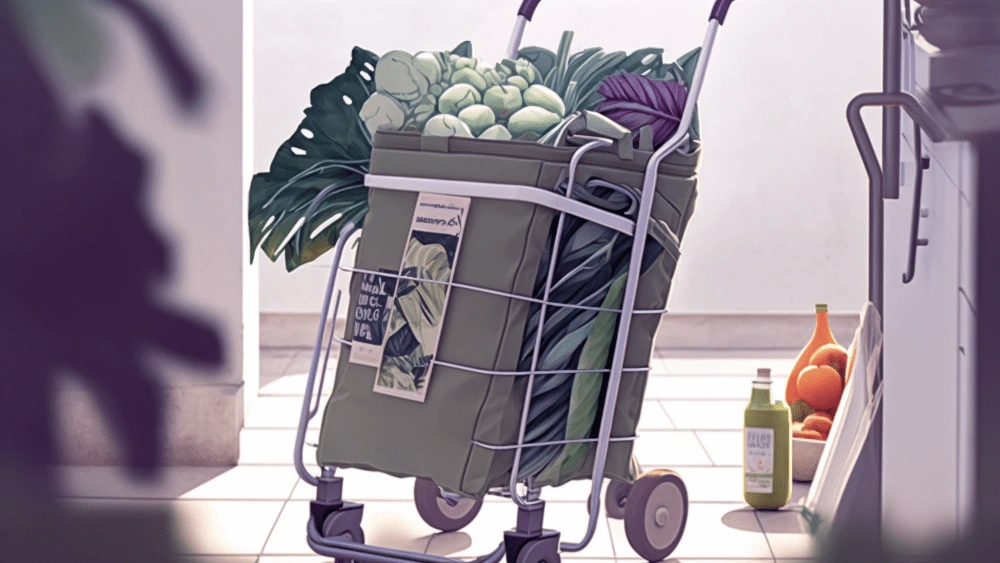 Illustratie van boodschappentrolley met groenten die eruit puilen