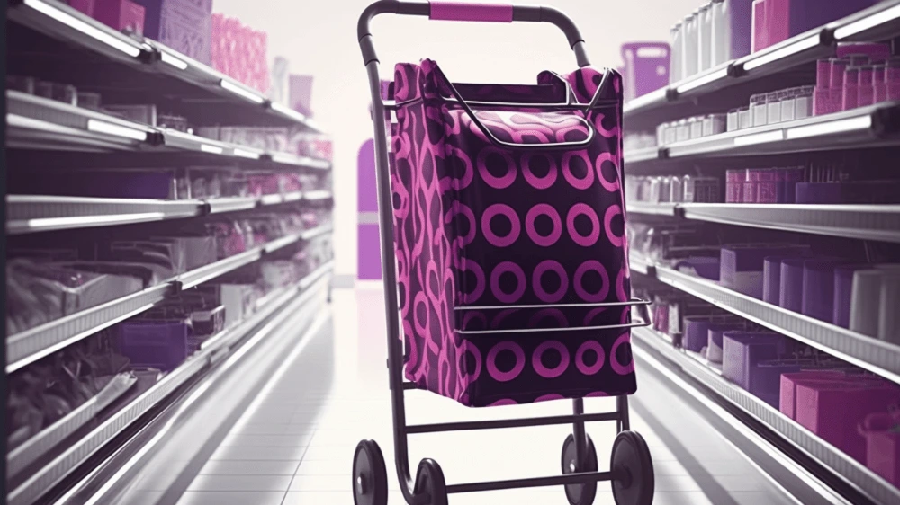 Illustratie van een boodschappentrolley in een gangpad van een supermarkt