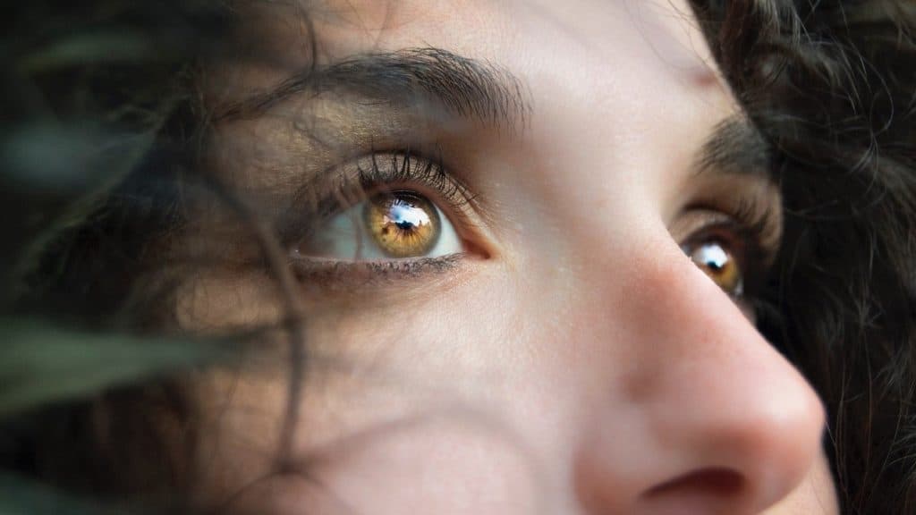 ogen en neus van vrouw met zwart haar en bruine ogen