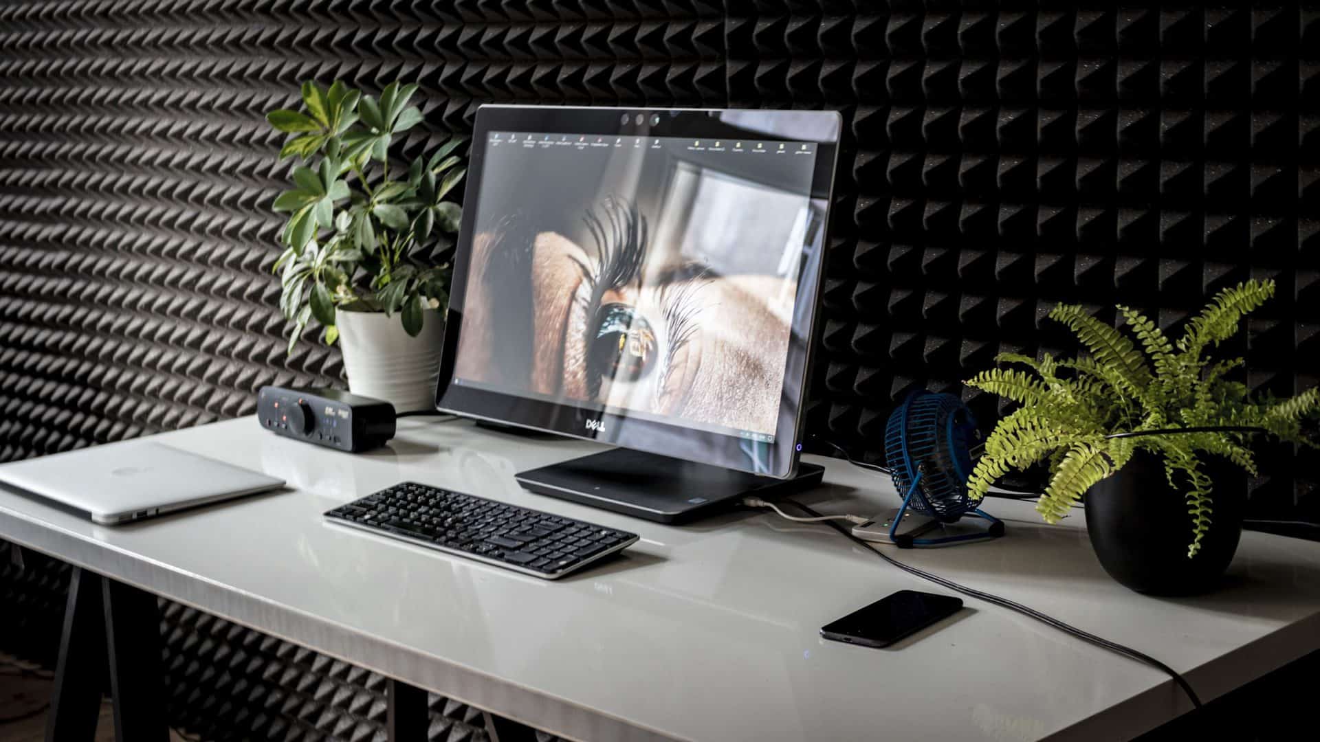 Zwarte Dell computer op een bureau. Op het scherm is een ingezoomd oog te zien. Op het bureau staan twee plantjes, een laptop, een telefoon en kabels. De wand is zwart. 