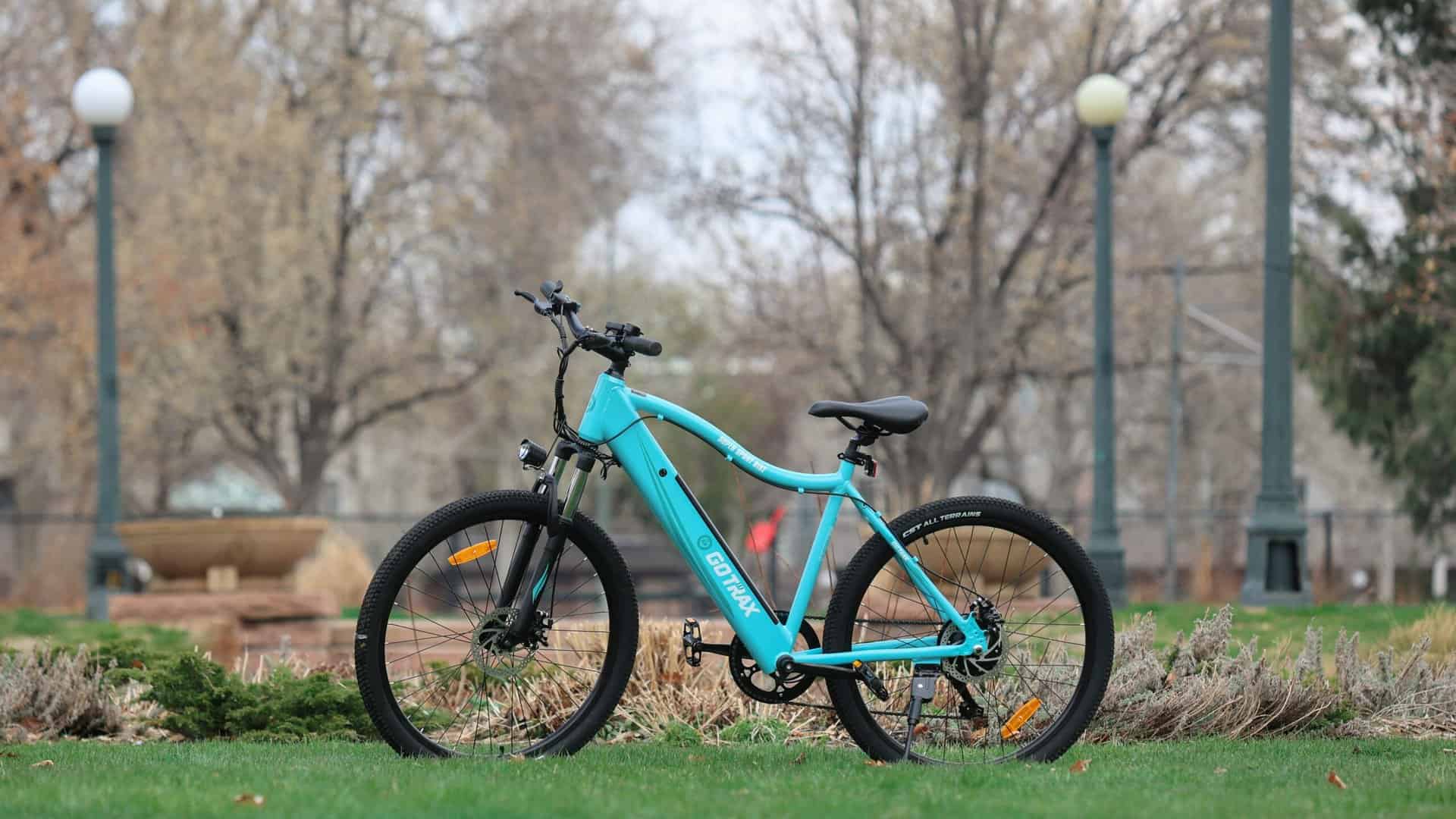 blauwe elektrische fiets buiten in het park